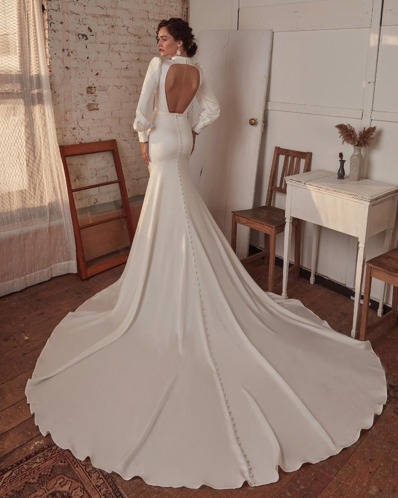 Lp2137 vintage high neck wedding dress with sleeves and satin sheath silhouette2